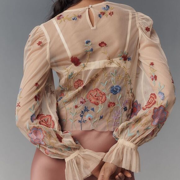 Anthropologie The Layla Long Sleeve appliqué Mesh Blouse in Light Sand NWOT - Picture 3 of 7
